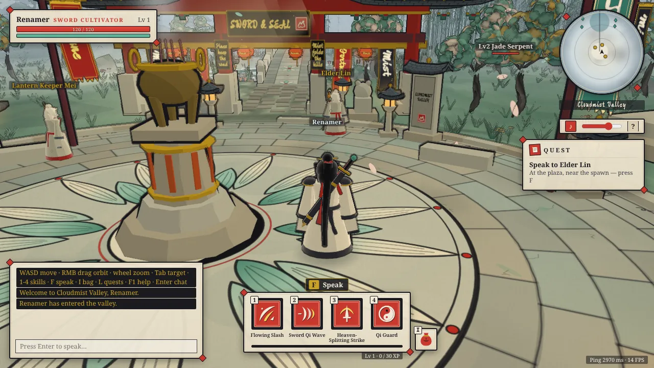 In-game view: a swordsman stands in the lantern-lit plaza of Cloudmist Valley in front of a vermilion paifang gate, with the quest tracker, hotbar and minimap visible.