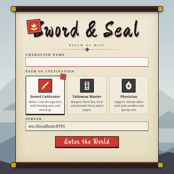 The game's login scroll: a character name field, three class cards for Sword Cultivator, Talisman Master and Physician, and an Enter the World button.