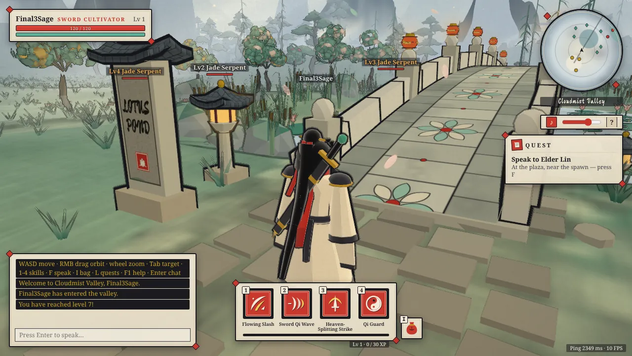 In-game view of the stone bridge leading across the Lotus Pond, with a carved stele reading Lotus Pond and Jade Serpents marked on the path.