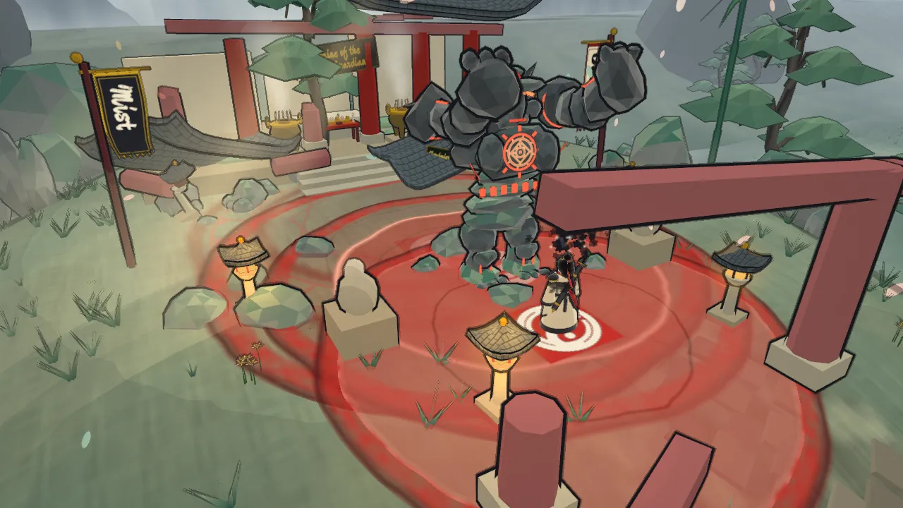 The Stone Guardian boss at the ruined shrine, with a red telegraph ring painted on the ground around a small player.