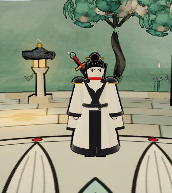 The Sword Cultivator, a swordsman in white and black robes with a sword at the back, standing on the plaza flagstones.