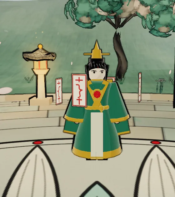 The Talisman Master, in green and gold robes with a golden hat and paper talismans floating at the sides.